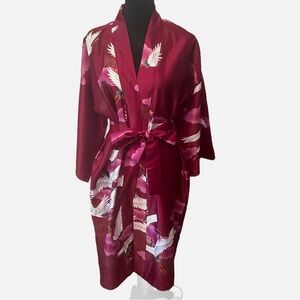 Vintage 70s Marukyo Kyoto Japan Open Kimono Robe Cranes Belted OS Wine Pink